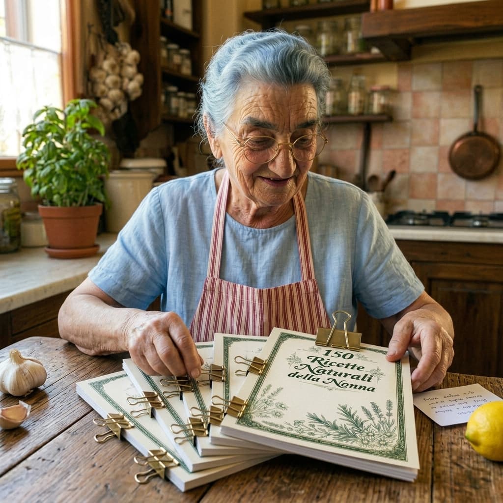 Caterina guarda sorridendo i manuali stampati sul tavolo